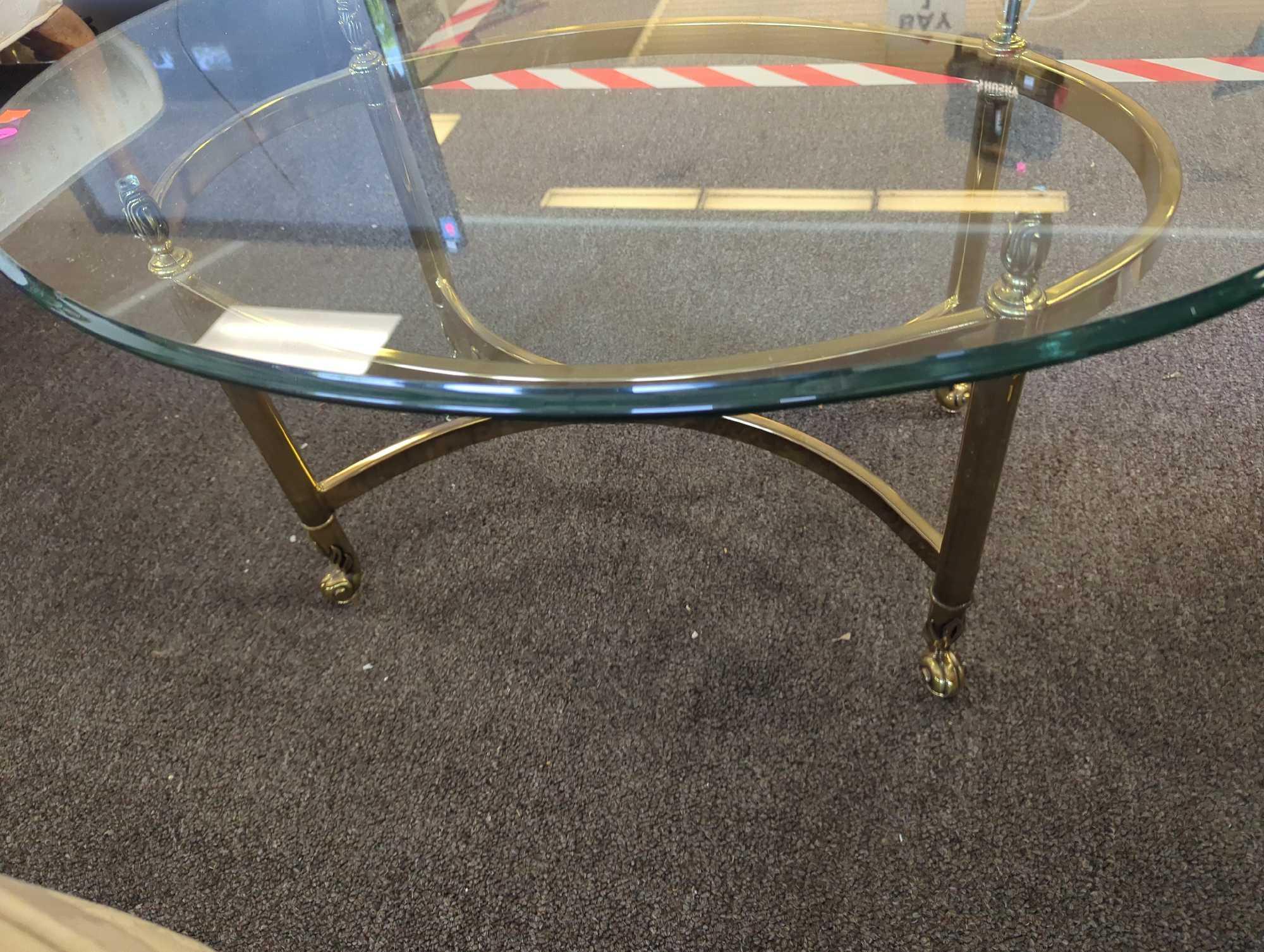 Classic Labarge Brass and Oval Glass Coffee Table, Approximate Dimensions - 16" H x 34" W x 25.25"
