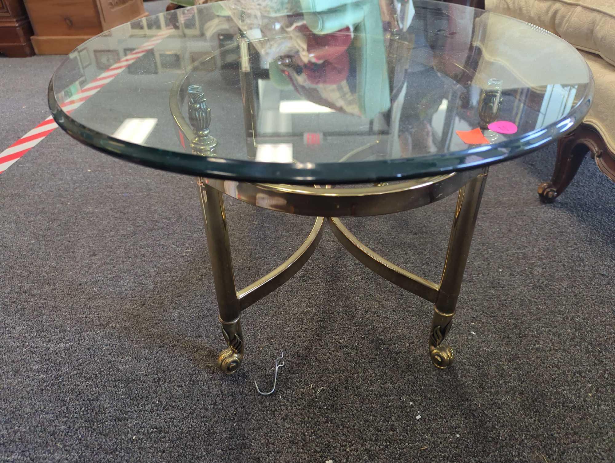 Classic Labarge Brass and Oval Glass Coffee Table, Approximate Dimensions - 16" H x 34" W x 25.25"