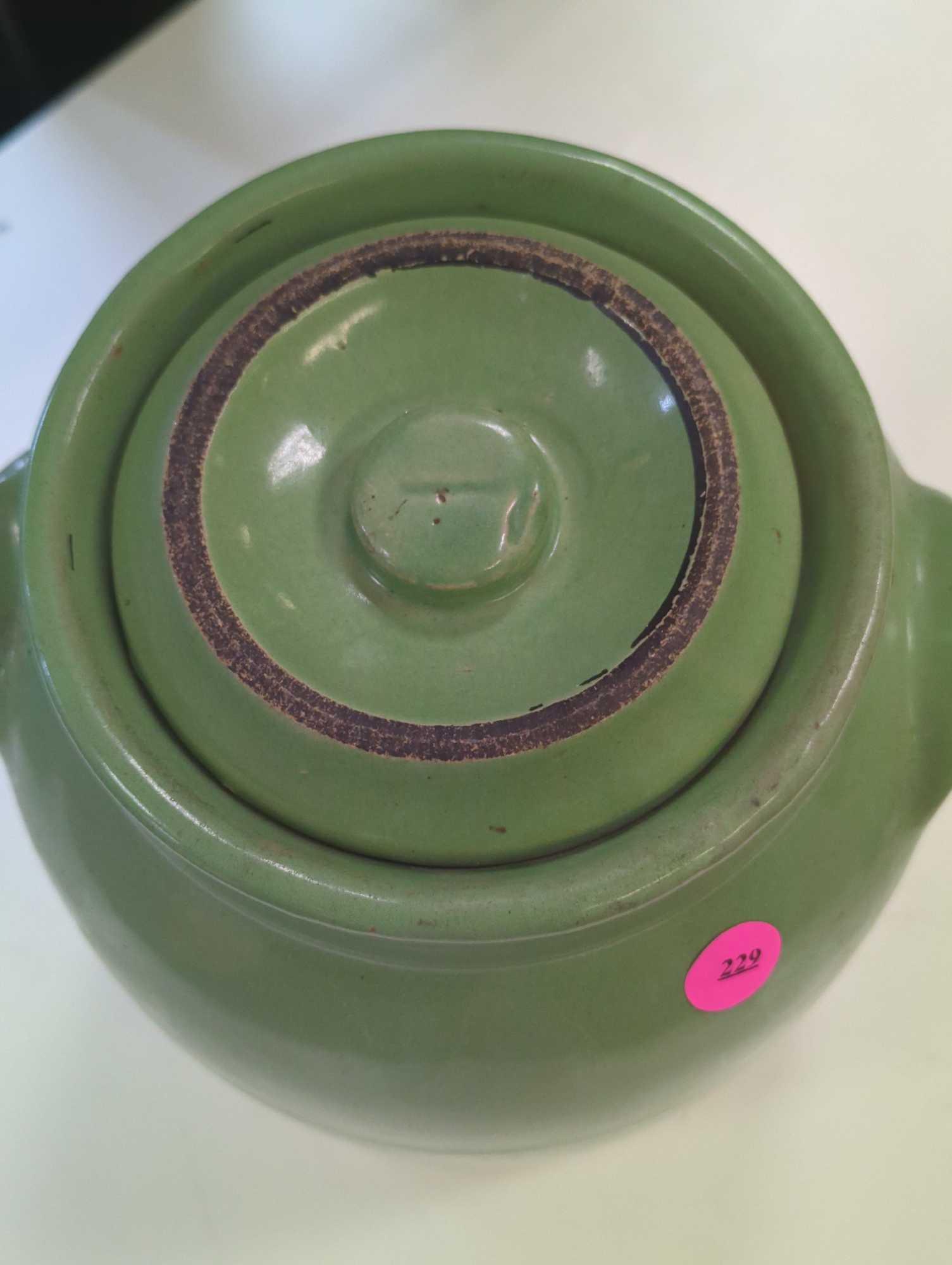 Vintage Cookie Jar With Lid Green ware Hand Painted Pottery 10.5"H X 8"D, What you see in photos is
