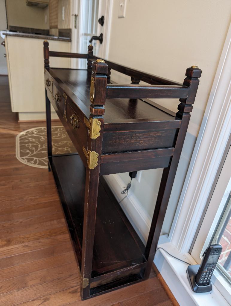 LATE 19TH CENTURY KOREAN BRASS ACCENTED THREE DRAWER SOFA/HALL TABLE.