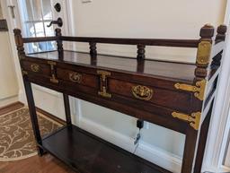 LATE 19TH CENTURY KOREAN BRASS ACCENTED THREE DRAWER SOFA/HALL TABLE.