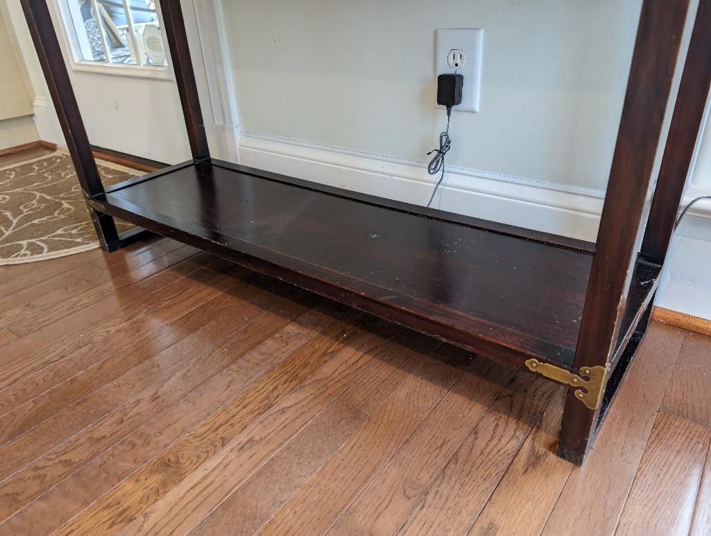 LATE 19TH CENTURY KOREAN BRASS ACCENTED THREE DRAWER SOFA/HALL TABLE.