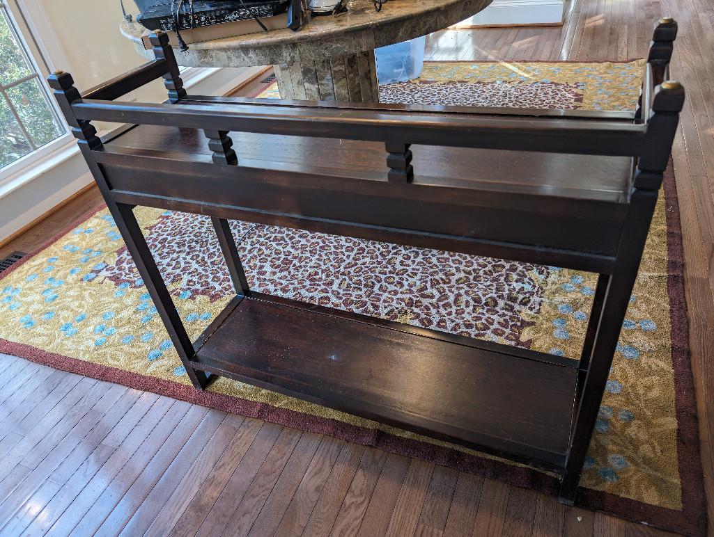 LATE 19TH CENTURY KOREAN BRASS ACCENTED THREE DRAWER SOFA/HALL TABLE.