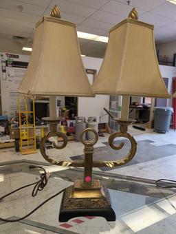 PAIR OF UTTERMOST HOLLYWOOD REGENCY DESK/TABLE LAMP WITH GOLD TONE DOUBLE ARMS. COMES WITH SHADES