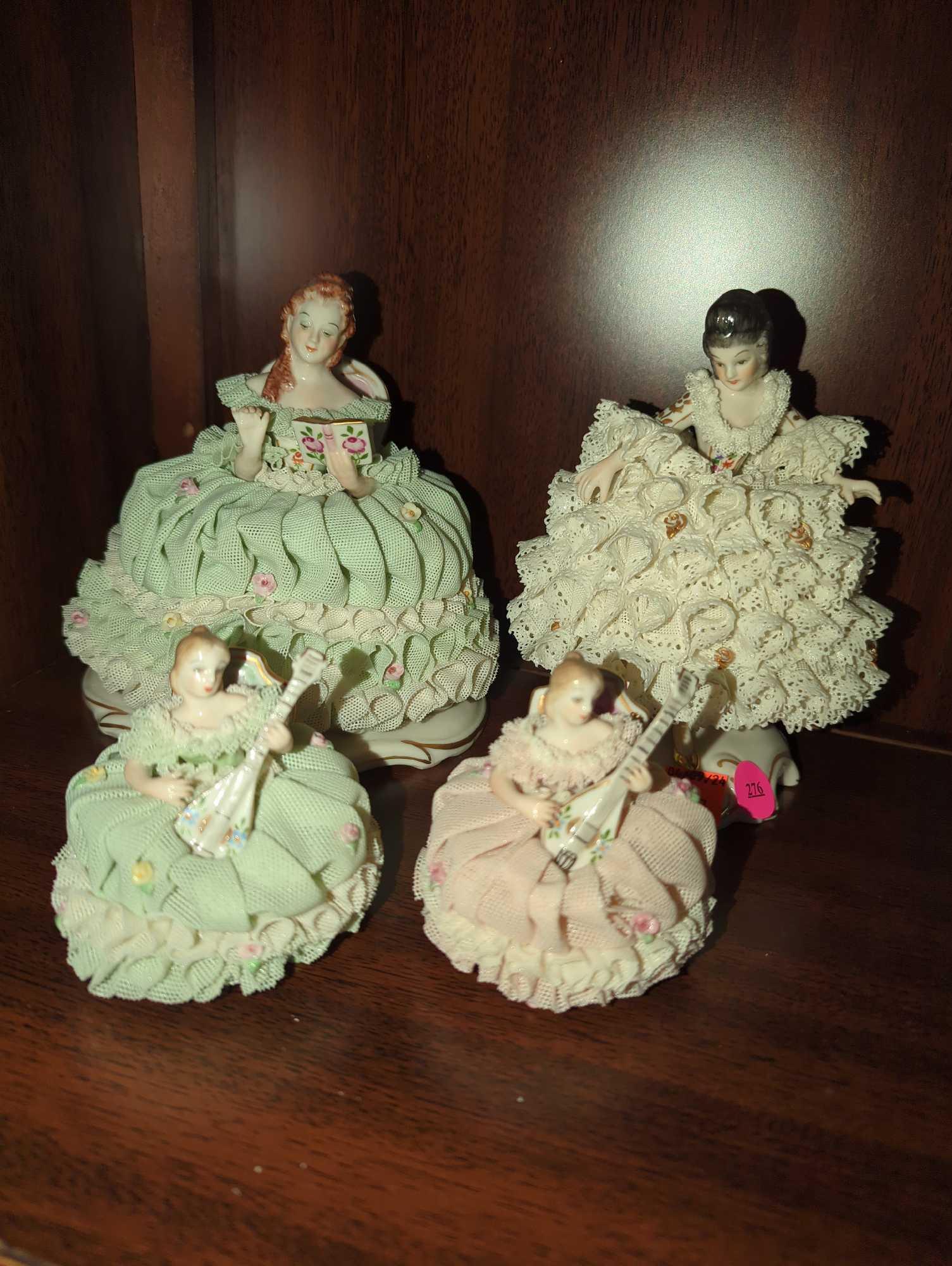 LOT OF 4 FIGURINES TO INCLUDE, MZ IRISH DRESDEN EVELYN CELTIC MELODIE EMERALD COLLECTION MANDOLIN