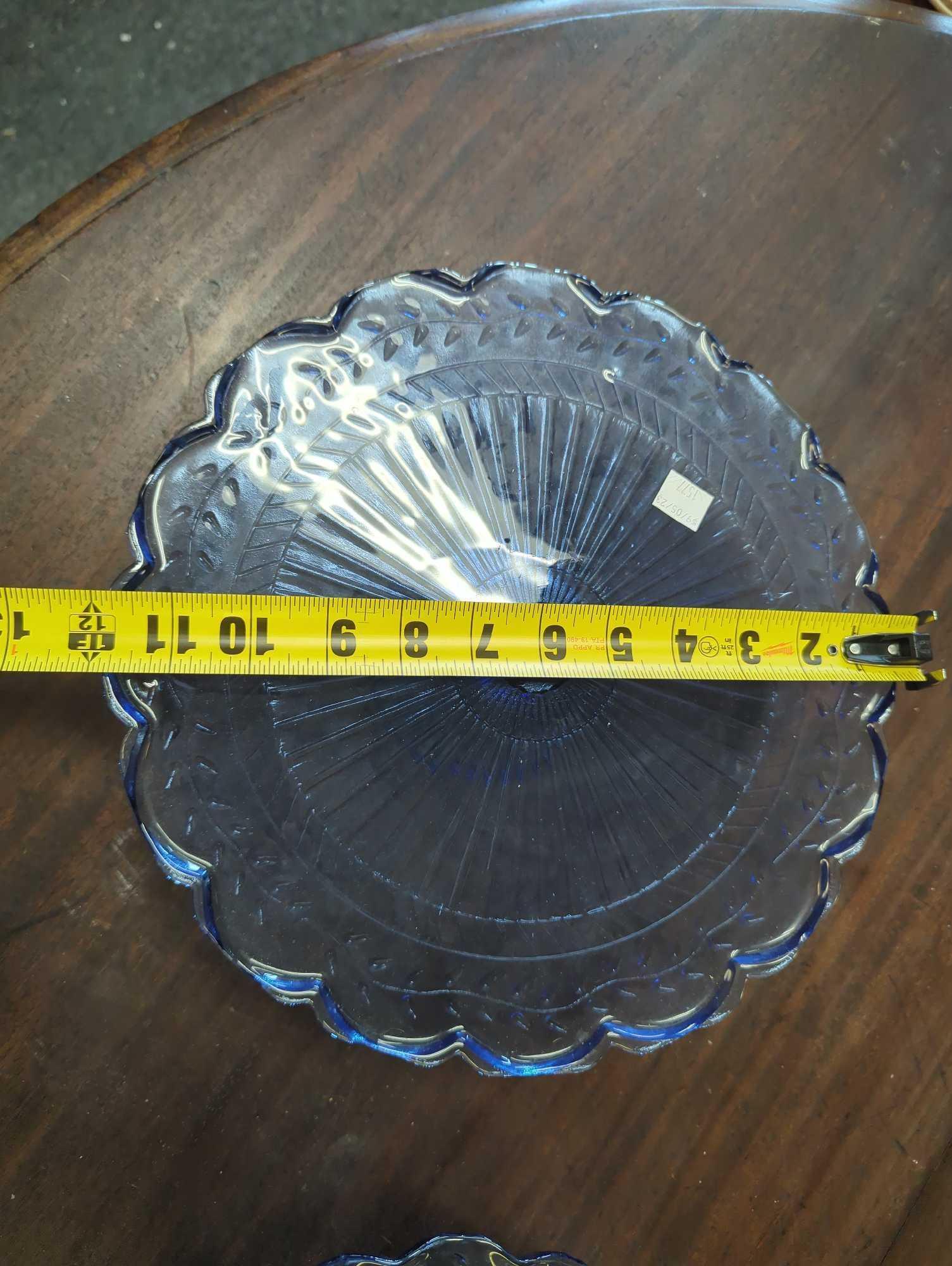 Lot of 2 Old Style Laurel Leaf Blue Depression Style Glass Pedestal Cake Stands, 3 Inch Height for