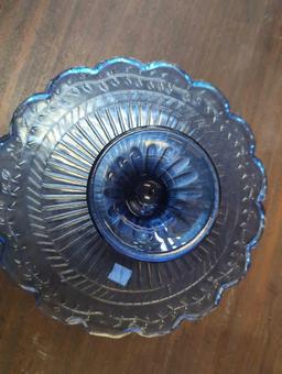Lot of 2 Old Style Laurel Leaf Blue Depression Style Glass Pedestal Cake Stands, 3 Inch Height for