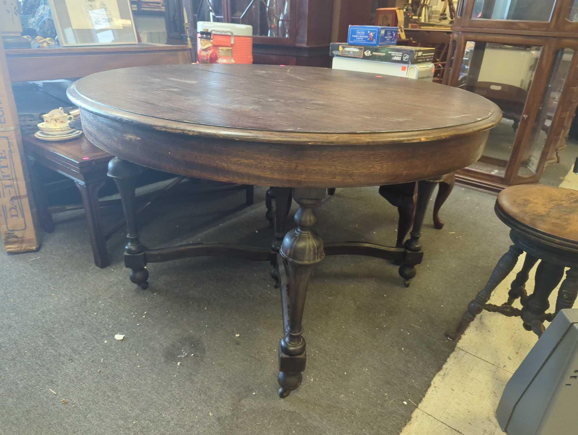 Old Style Mahogany Dining Table on Rollers, Approximate Dimensions - 29.5" H x 48" Diameter, Table