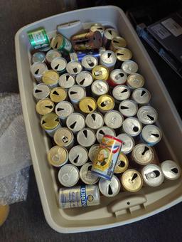 Tote Lot of Assorted Empty Early Style Drinking Cans To Include, Rolling Rock, Corona, George