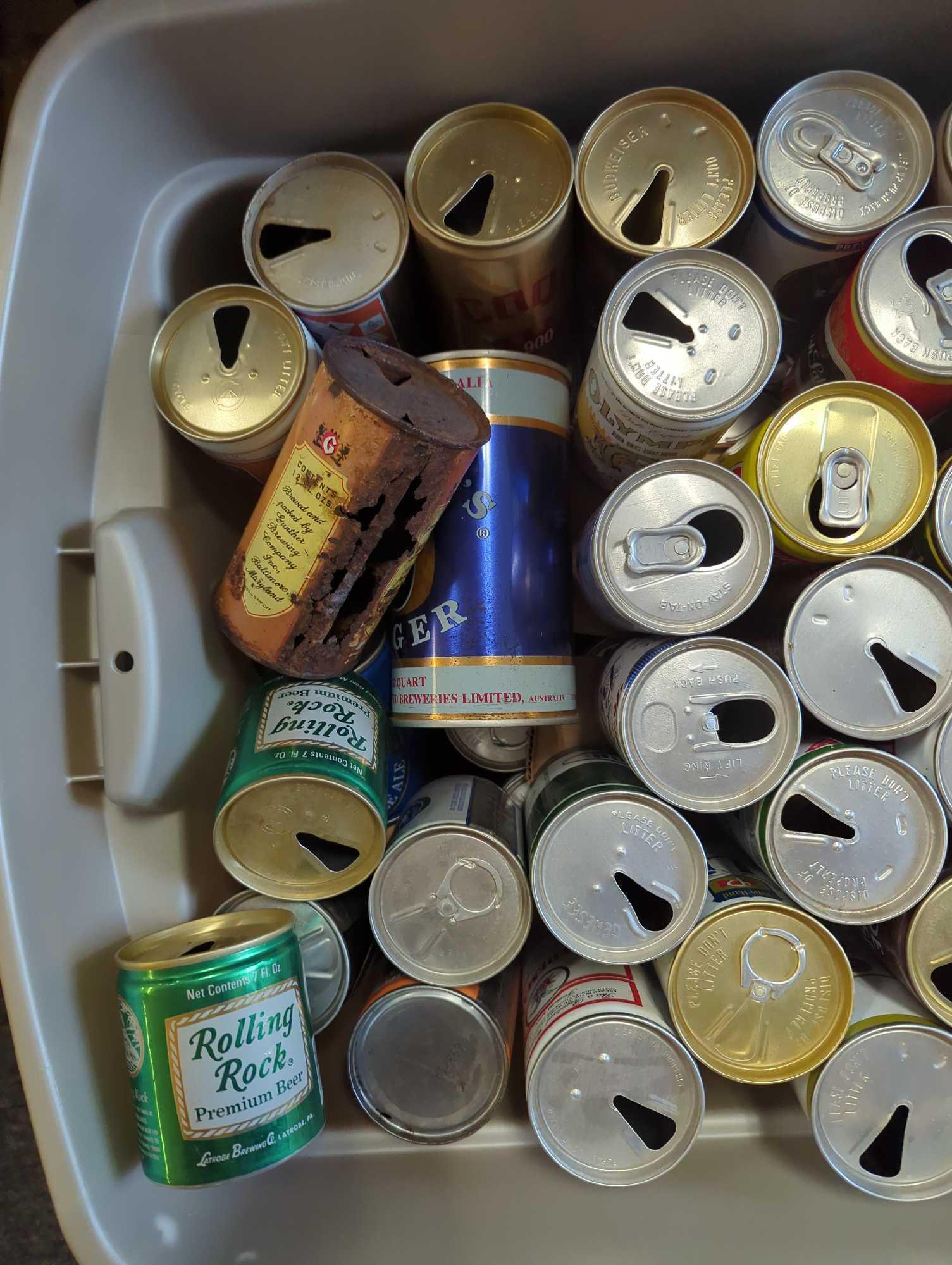 Tote Lot of Assorted Empty Early Style Drinking Cans To Include, Rolling Rock, Corona, George