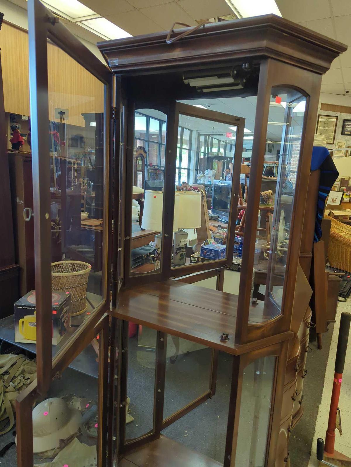 Wooden Curio Cabinet with Light, 2 Doors, And a Mirror Back, Missing Shelves, Measure Approximately