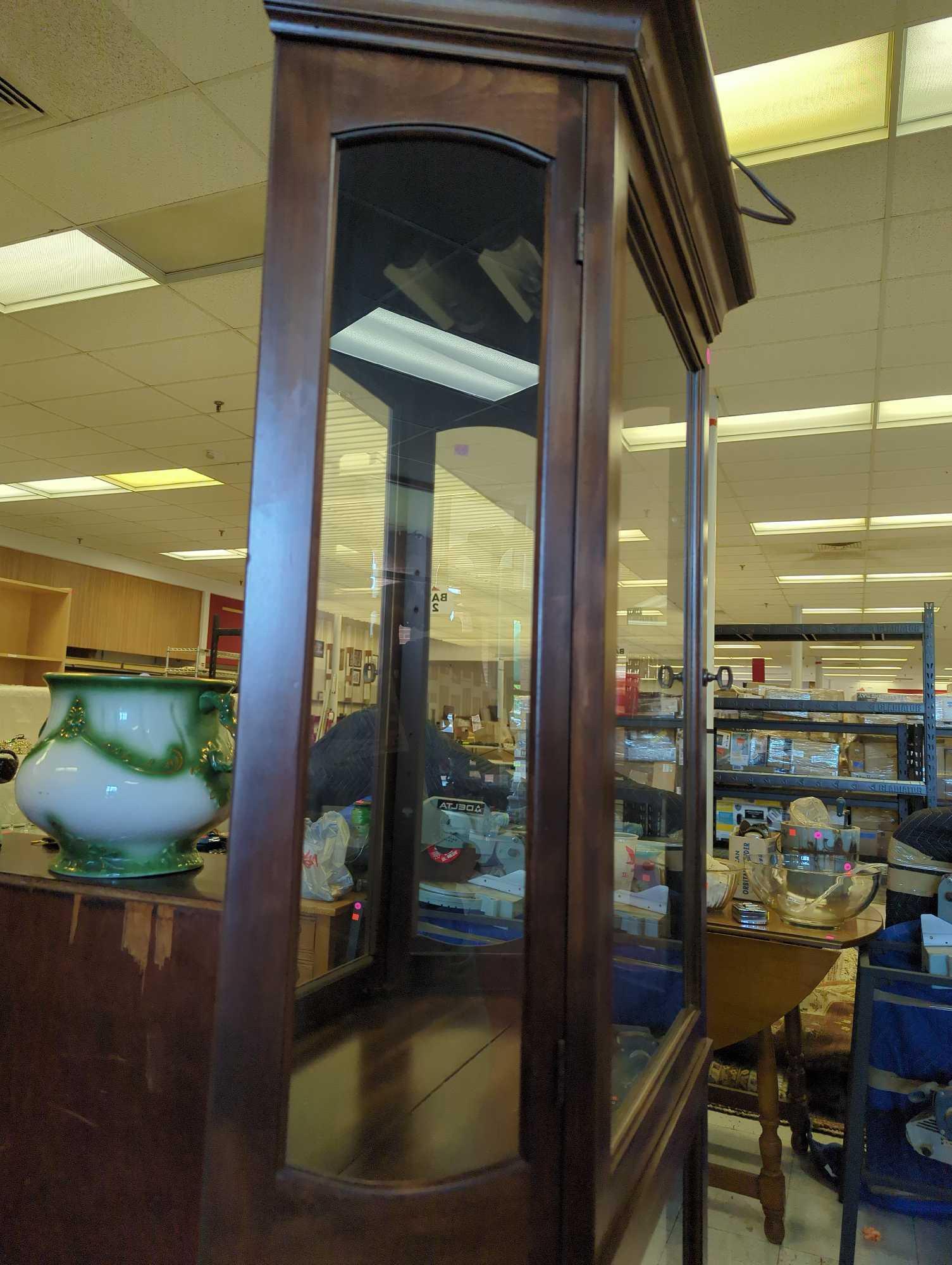 Wooden Curio Cabinet with Light, 2 Doors, And a Mirror Back, Missing Shelves, Measure Approximately