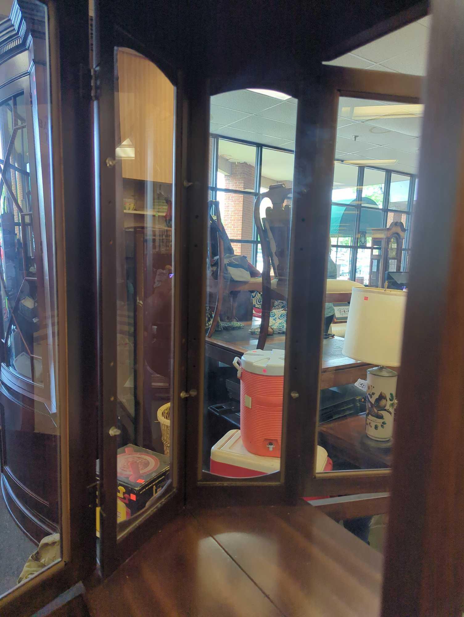 Wooden Curio Cabinet with Light, 2 Doors, And a Mirror Back, Missing Shelves, Measure Approximately