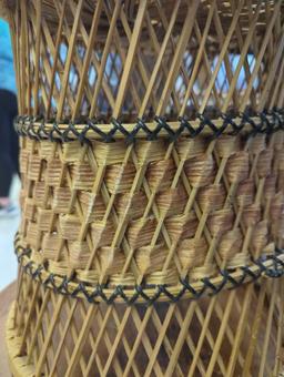 Vintage Round Woven Wicker Rattan Basket Pedestal Drum Table Plant Stand Stool, Measure