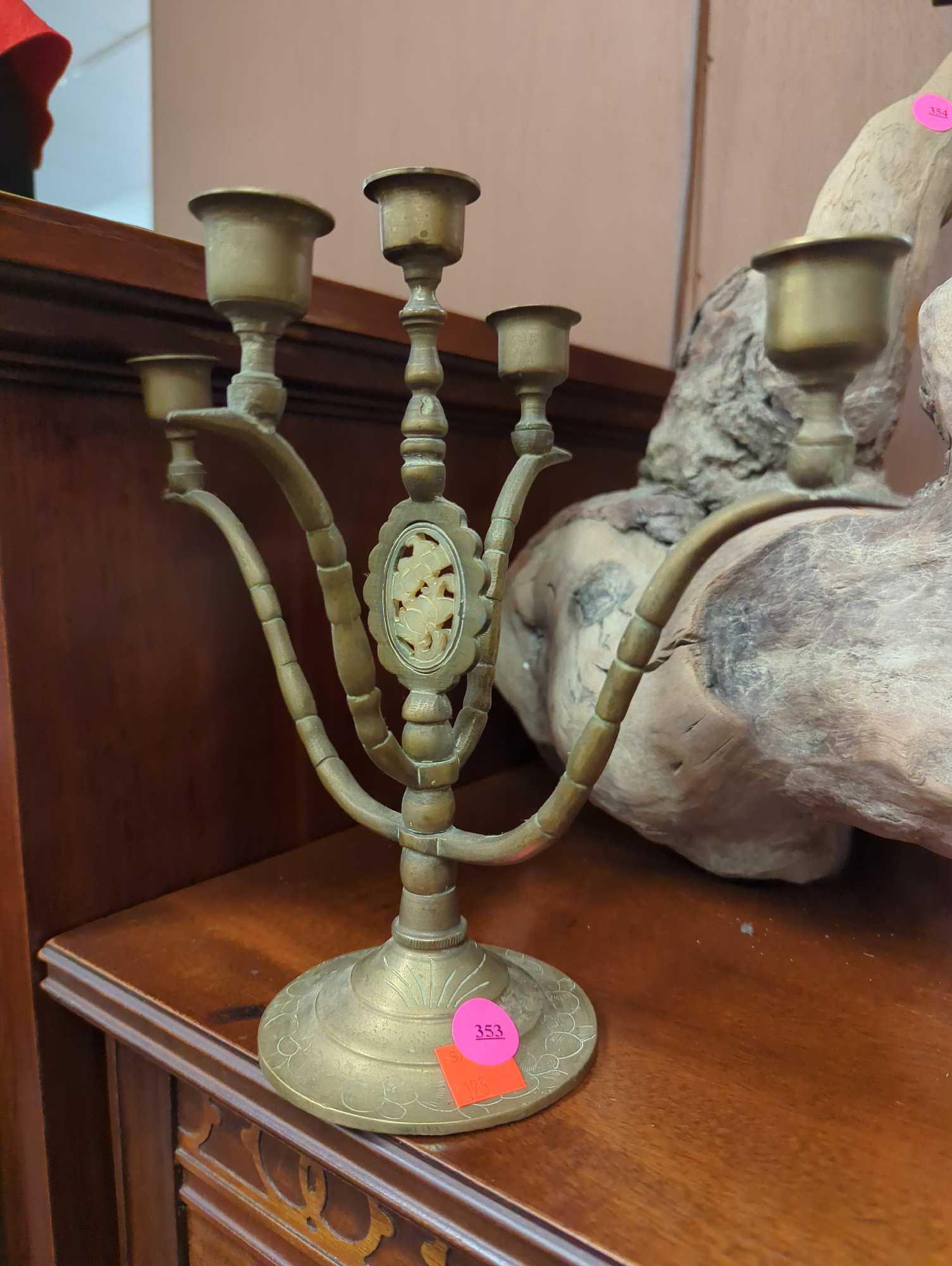 Chinese Brass Candelabra with Plaque, In Great Condition Retail Price Value $60, What you see in