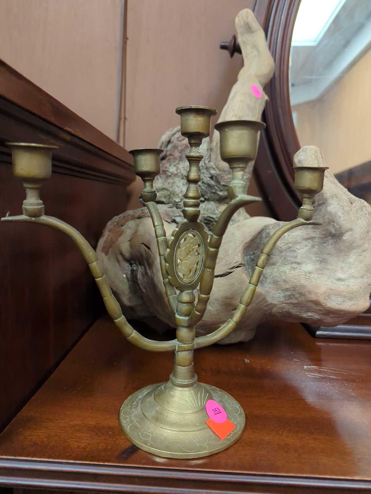 Chinese Brass Candelabra with Plaque, In Great Condition Retail Price Value $60, What you see in