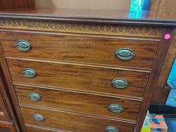Johnson Furniture Co. Mahogany 5 Drawer Dresser With Carved Trim on Top, Measure Approximately 34 in