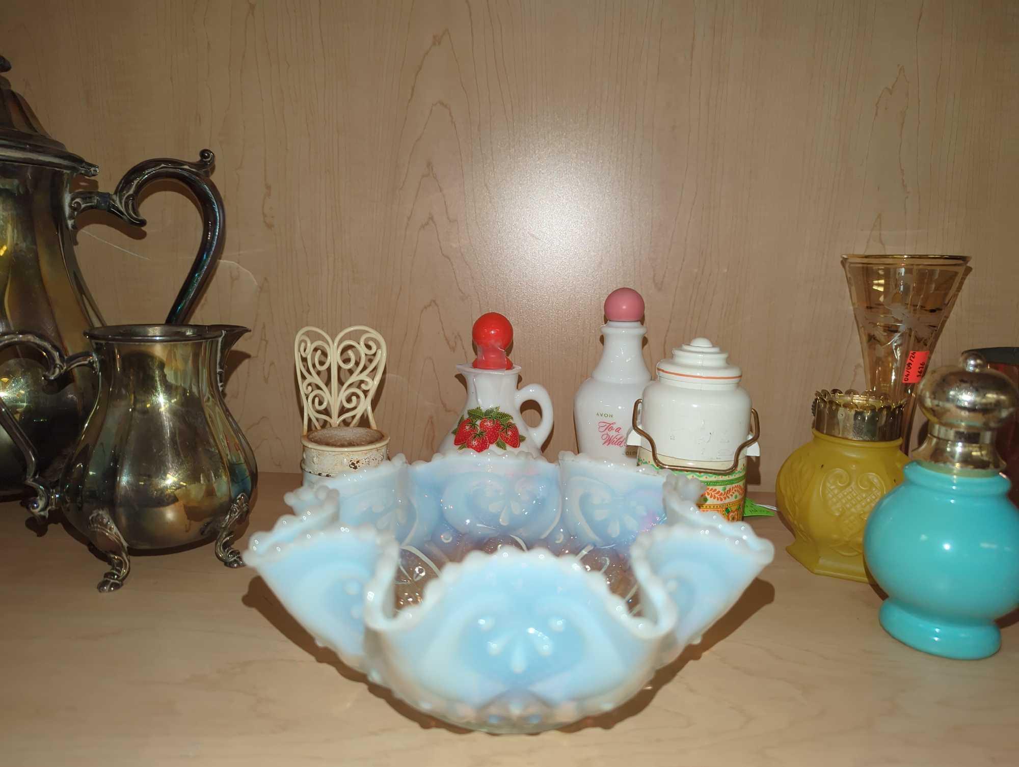 Shelf Lot of Assorted Items to Include, EAPG Northwood White Opalscent Ruffled Bowl, Pewter Tea Set