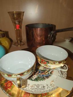 Shelf Lot of Assorted Items to Include, EAPG Northwood White Opalscent Ruffled Bowl, Pewter Tea Set