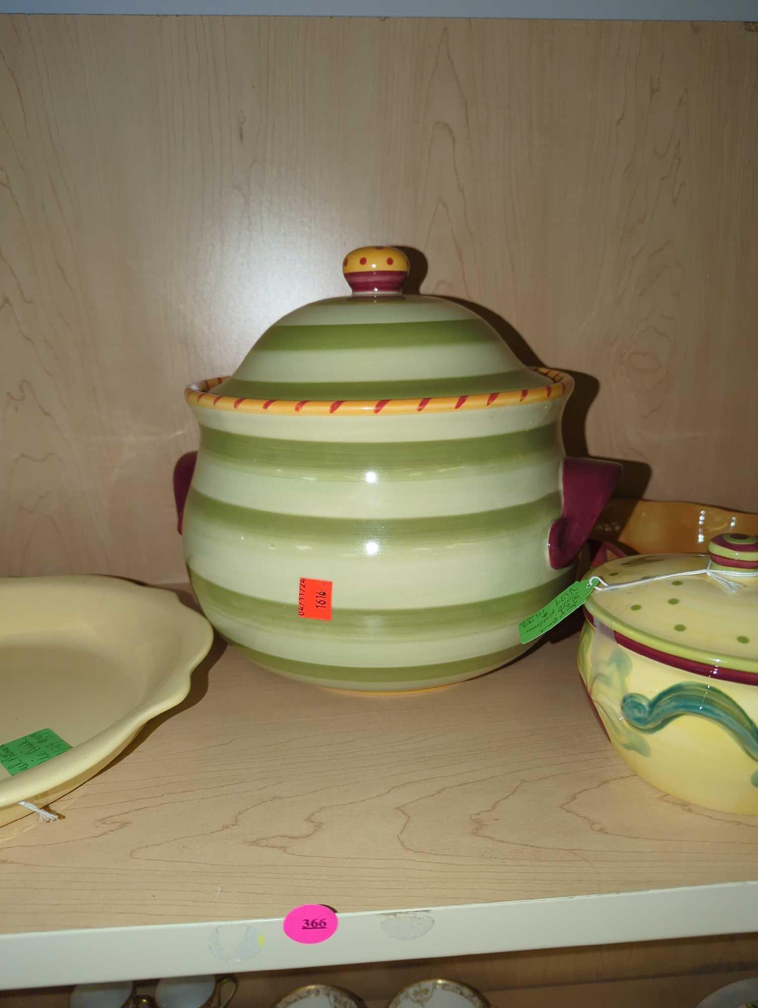 Shelf Lot of Assorted Items to Include, Pistoulet Soup Bowl with Lid, Gail Pittman Nut Dish,