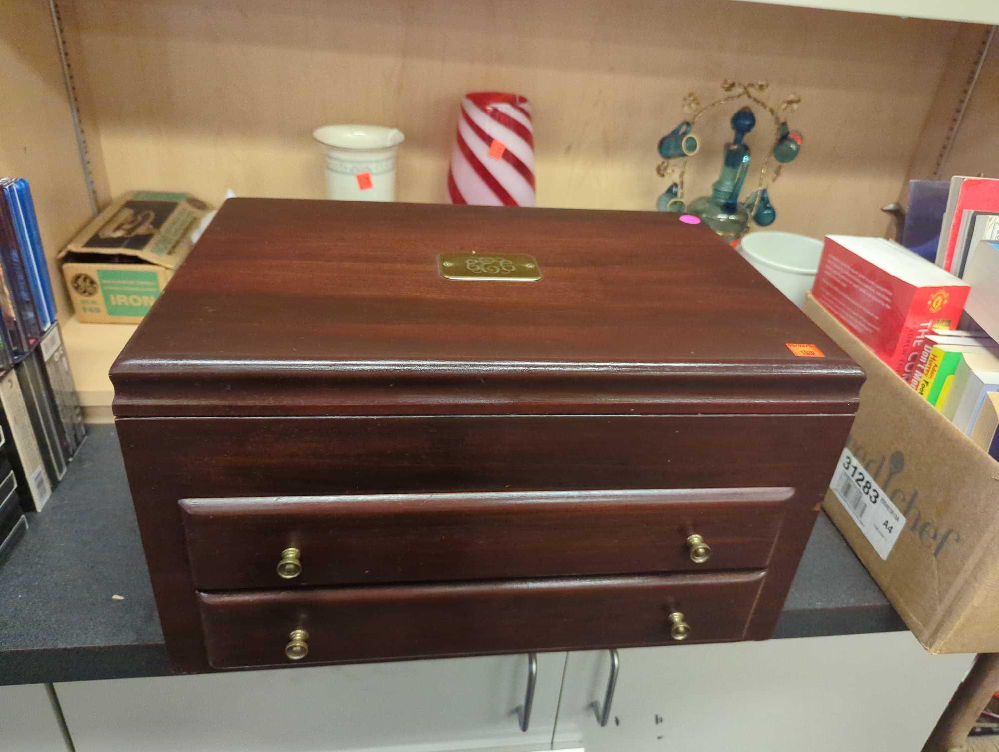 Old Colony Cherry Stained Mahogany Silverware Saver Box with Lift Lid with 2 Drawers, Approximate