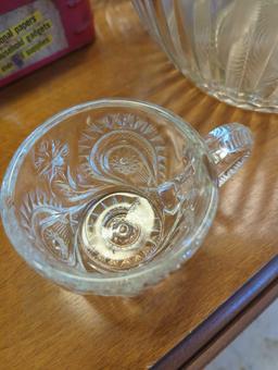 Lot of Assorted Items to Include, Large Glass Punch Bowl with Ladle, Set of 8 etched deco glass