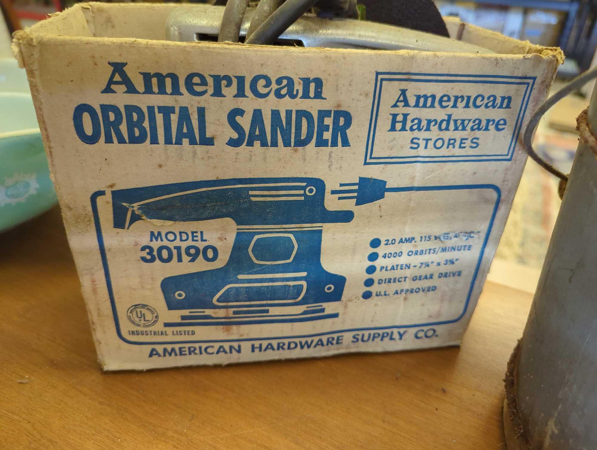 Lot of Assorted Items to Include, American Orbital Sander Model 30190 in the Original Box, Stainless