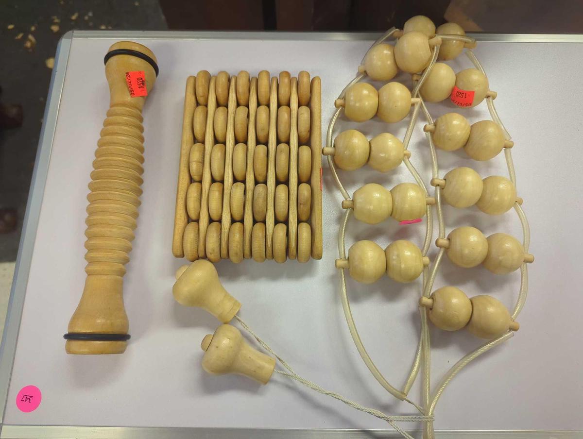 Lot of 3 Wooden Massagers Including Bunheads Footsie Roller, Flexology Foot Roller, and Wooden Balls