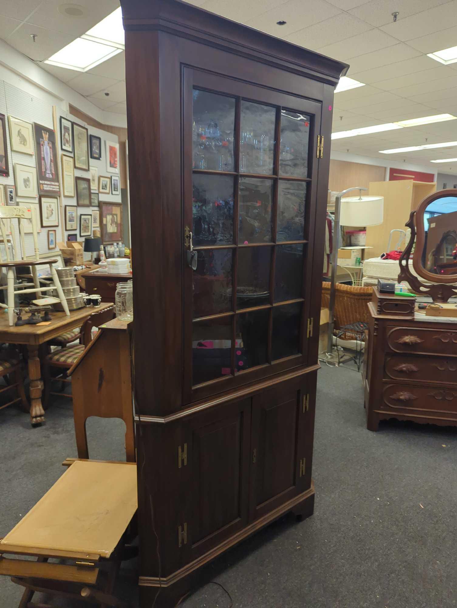 Henkel-Harris Co. Chippendale Style Solid Mahogany Corner Cabinet with Original Finish, 12 Pane