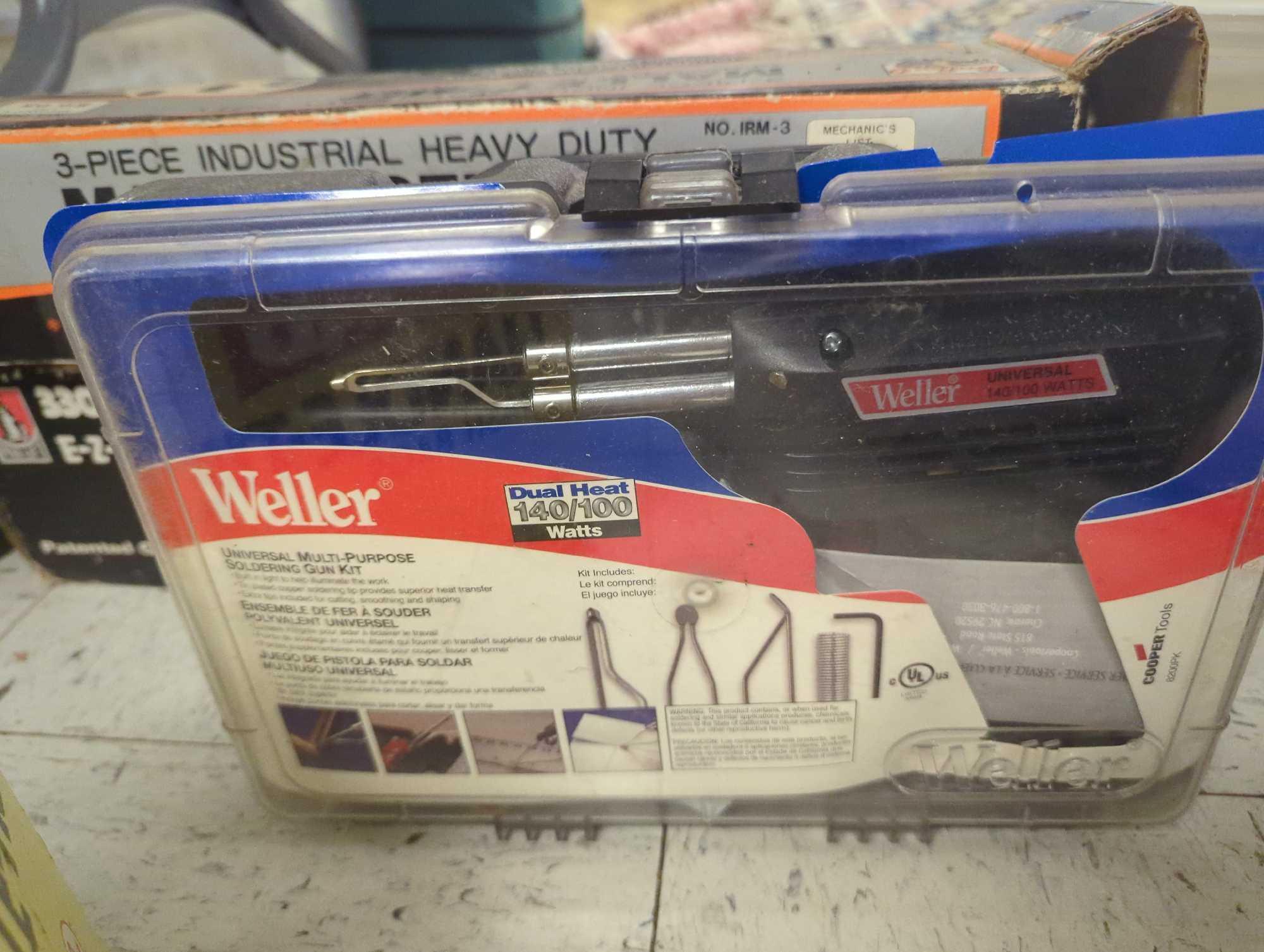 Lot of Assorted Items Including 3 Piece Industrial Heavy Duty Mallet Set, Weller Universal
