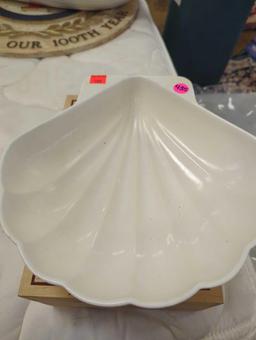 Lot of 2 Items To Include, White Shell Shaped Server Dish, and a Wooden Frantoio Galanttino Carrying