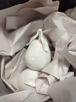 Tote Lot of Assorted Items to Include, Hand Crafted Fruit Shaped Paper Weights, Paris Royal White