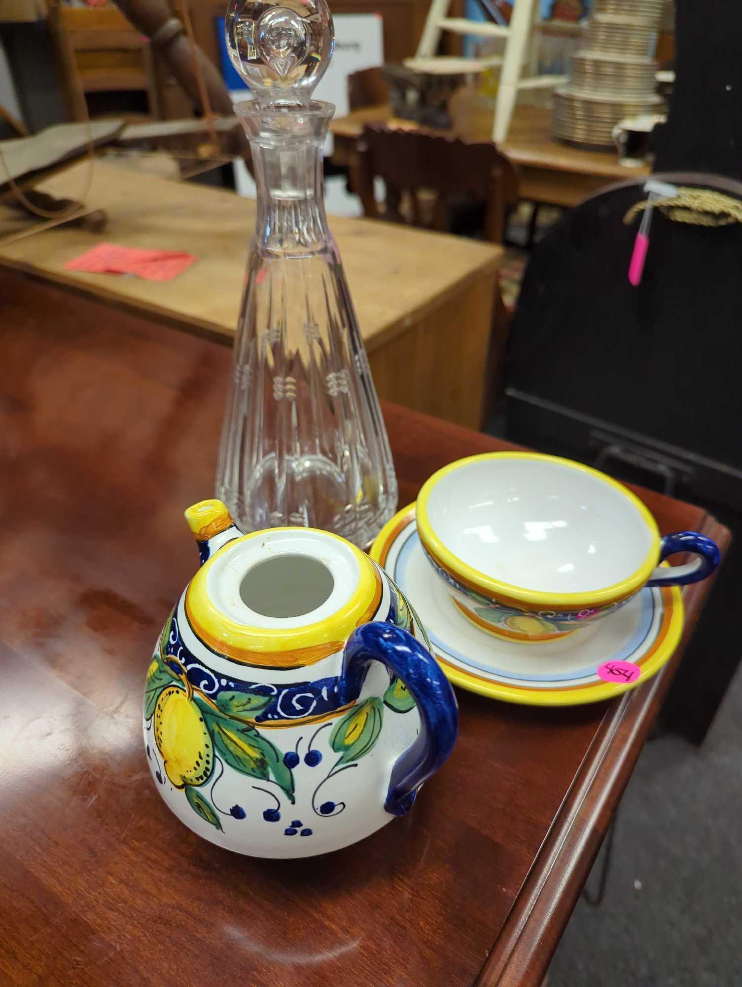 Lot of Assorted Items To Include, Hand Painted Lemon Motif Alcantara Made in Italy Tea Pot, Cup and