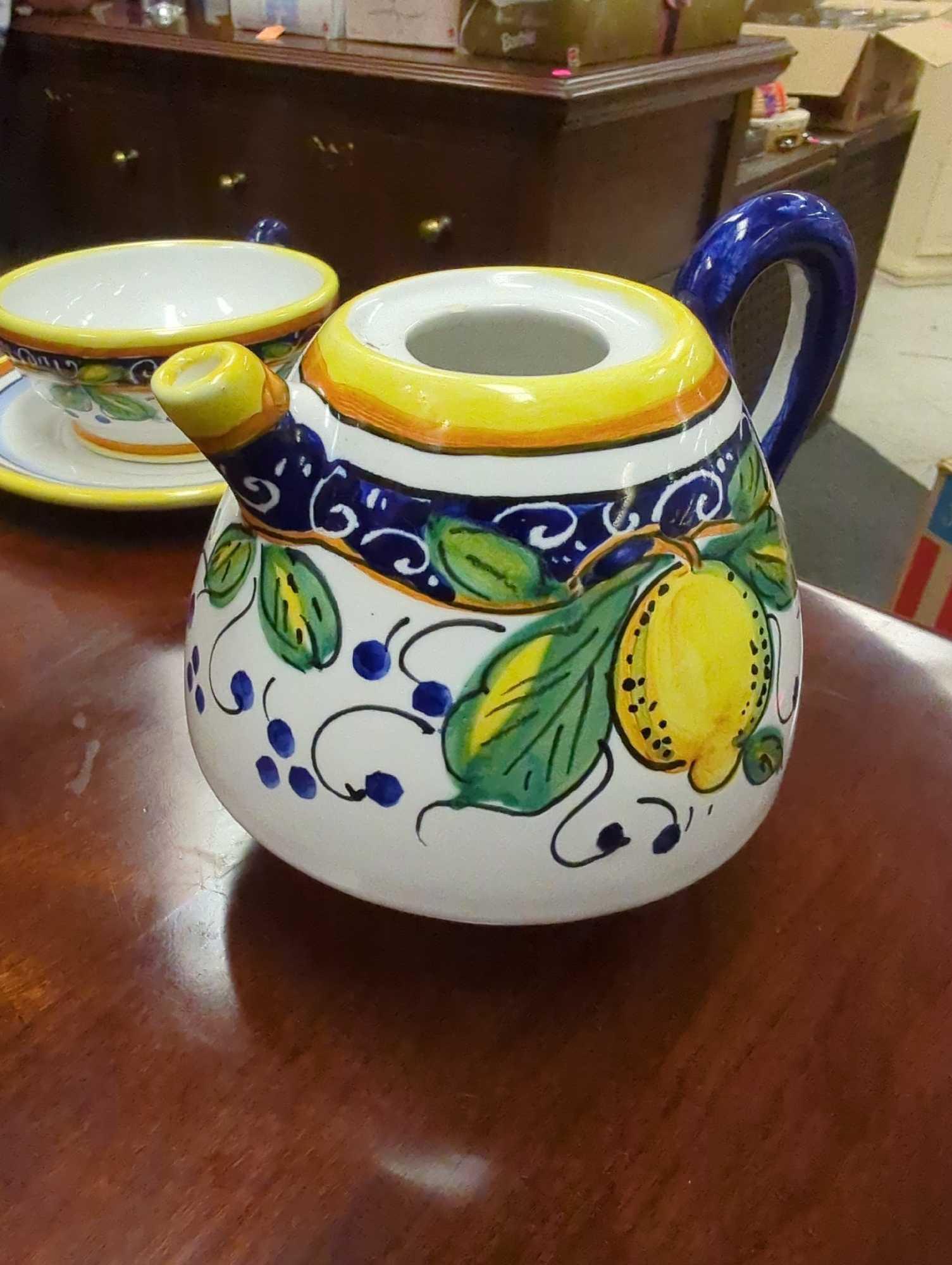 Lot of Assorted Items To Include, Hand Painted Lemon Motif Alcantara Made in Italy Tea Pot, Cup and