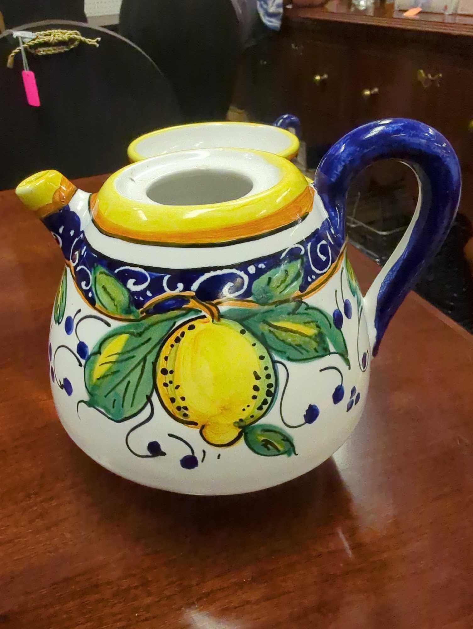 Lot of Assorted Items To Include, Hand Painted Lemon Motif Alcantara Made in Italy Tea Pot, Cup and