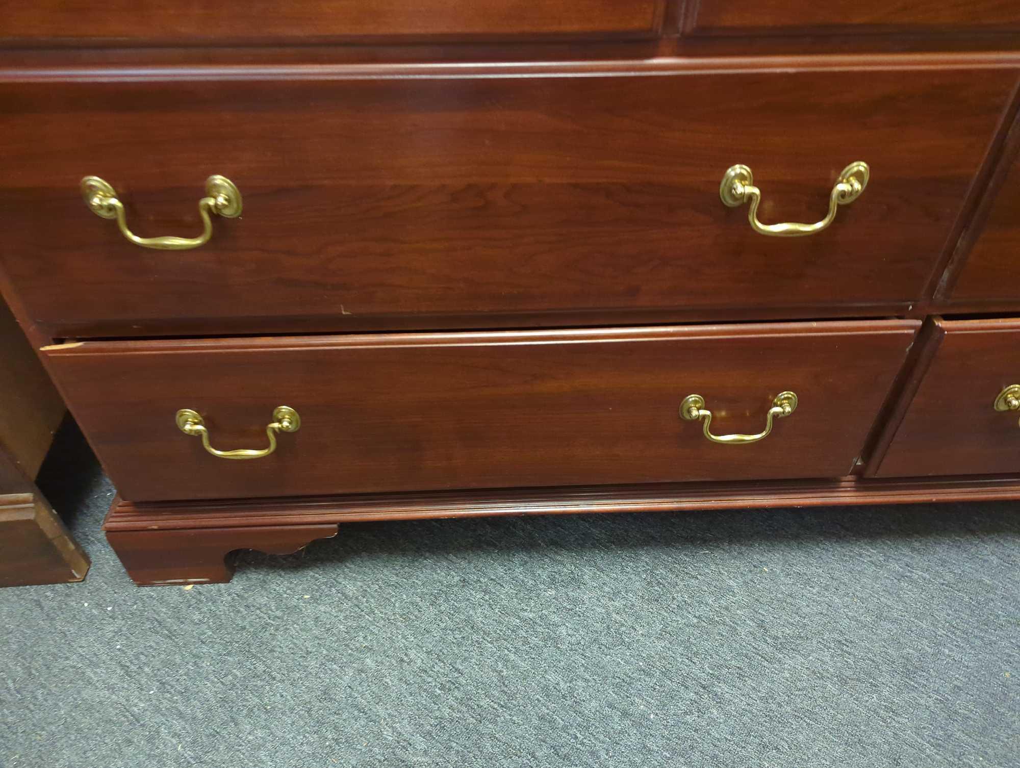 Knob Creek 7 Drawer Cherry Wood Dresser With Brass Style Pulls, Measure Approximately 64 in x 19 in