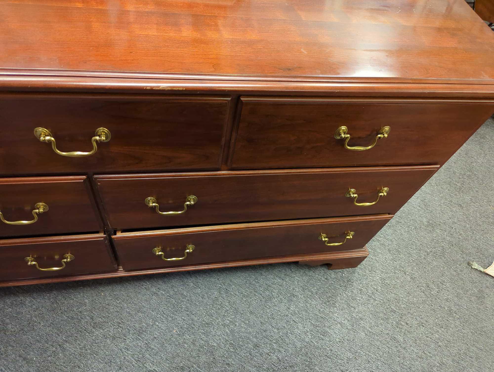 Knob Creek 7 Drawer Cherry Wood Dresser With Brass Style Pulls, Measure Approximately 64 in x 19 in