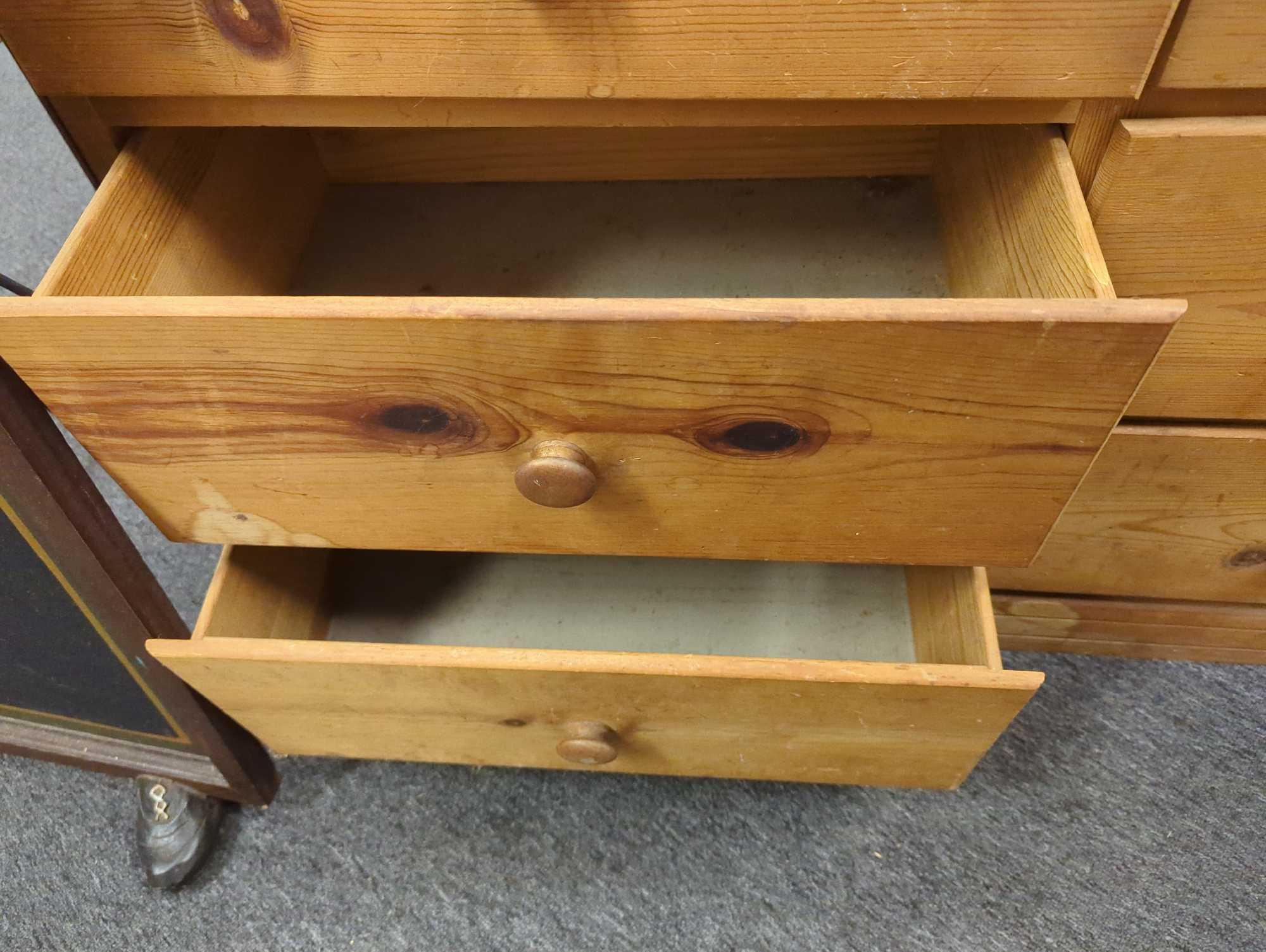 Pine Wood 9 Drawer Dresser One Drawer Wont Open, Measure Approximately 40 in x 13.5 in x 33 in, What