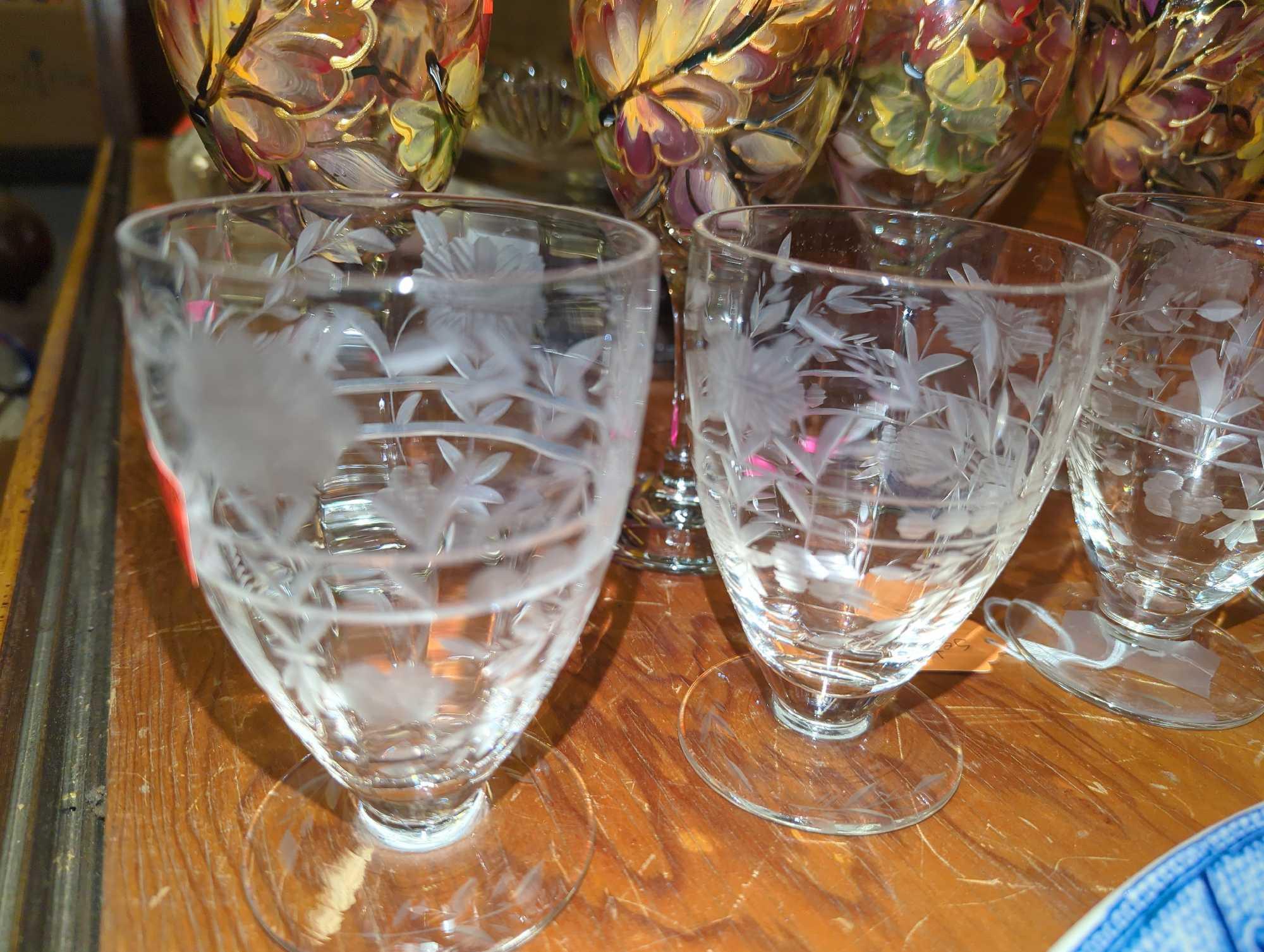 shelf Lot of Assorted Items To Include, Set of 4 Hand Painted Wine Glasses, Vintage Fustoria Cream