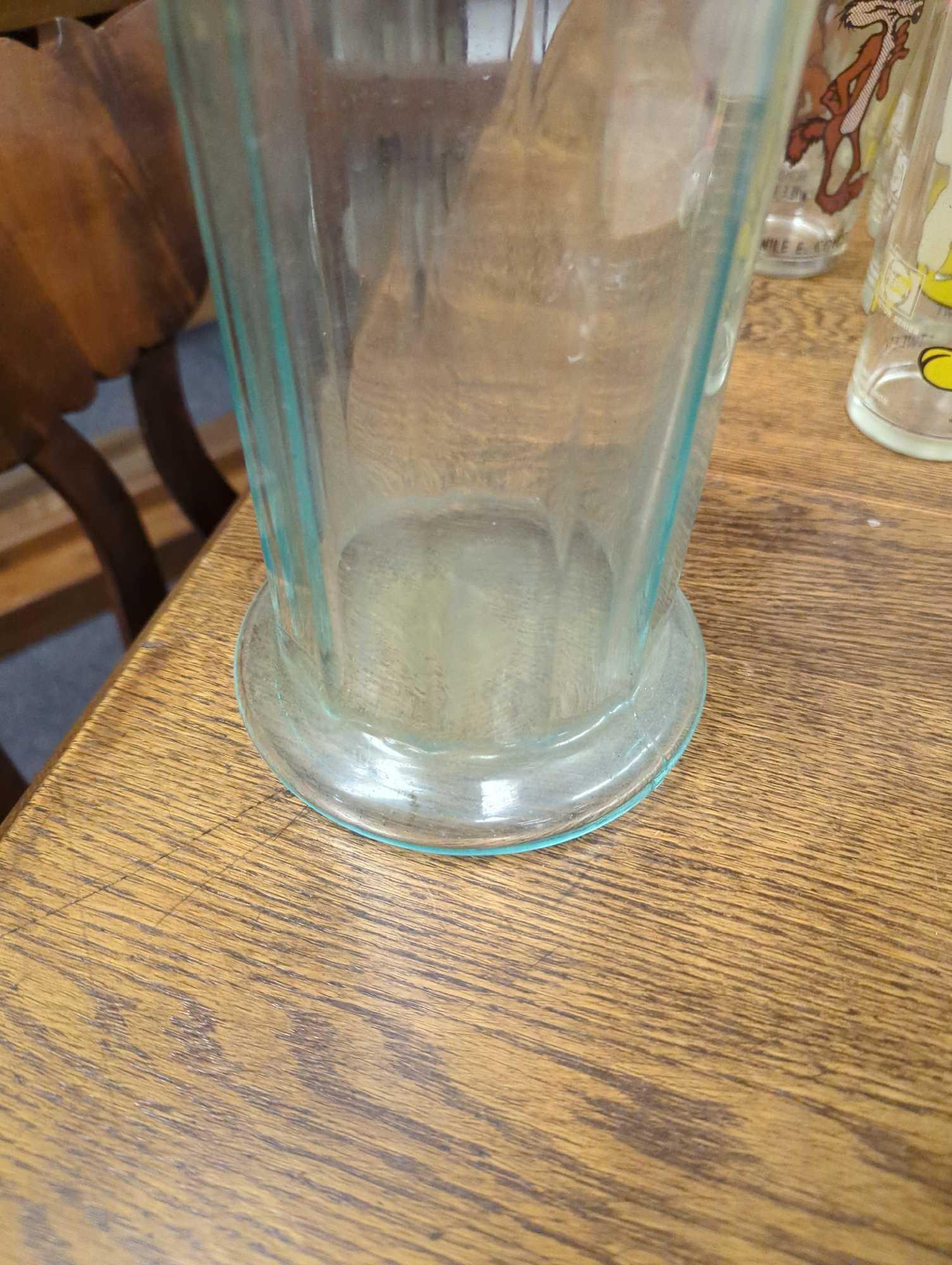Vtg very tall Cylinder shaped jar 23 inch tall Heavy light green jar cork seal, What you see in