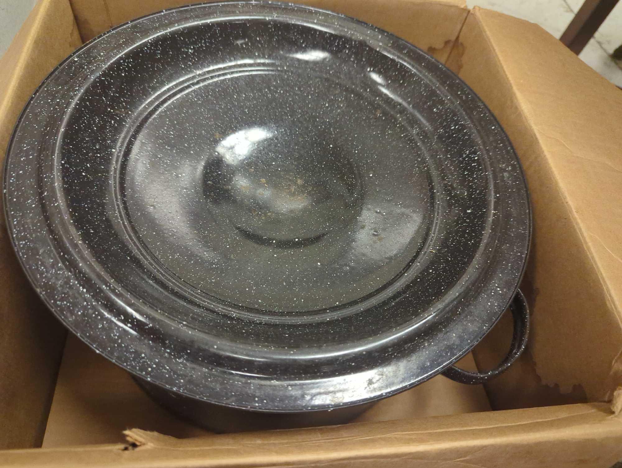 Lot of Assorted Items Including Graniteware Clam Steamer and Wire Tray Holders, What You See in the