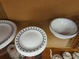 Shelf Lot of Assorted Items To Include, Set of 8 Black Corelle Mugs, 6 Large Corelle Plates, 8 Small