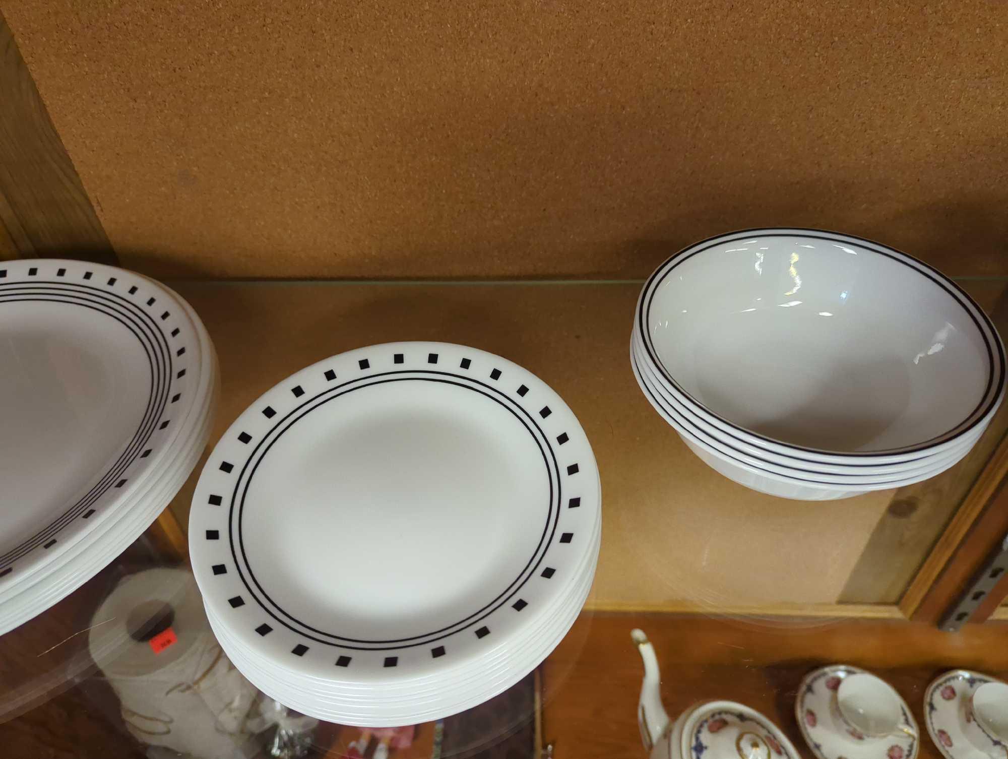 Shelf Lot of Assorted Items To Include, Set of 8 Black Corelle Mugs, 6 Large Corelle Plates, 8 Small