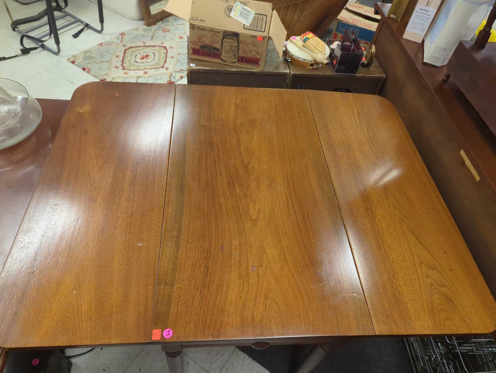 Mid Century Style Walnut Conant Ball Drop Leaf Table with 1 Drawer, Approximemt Dimensions (Open) -