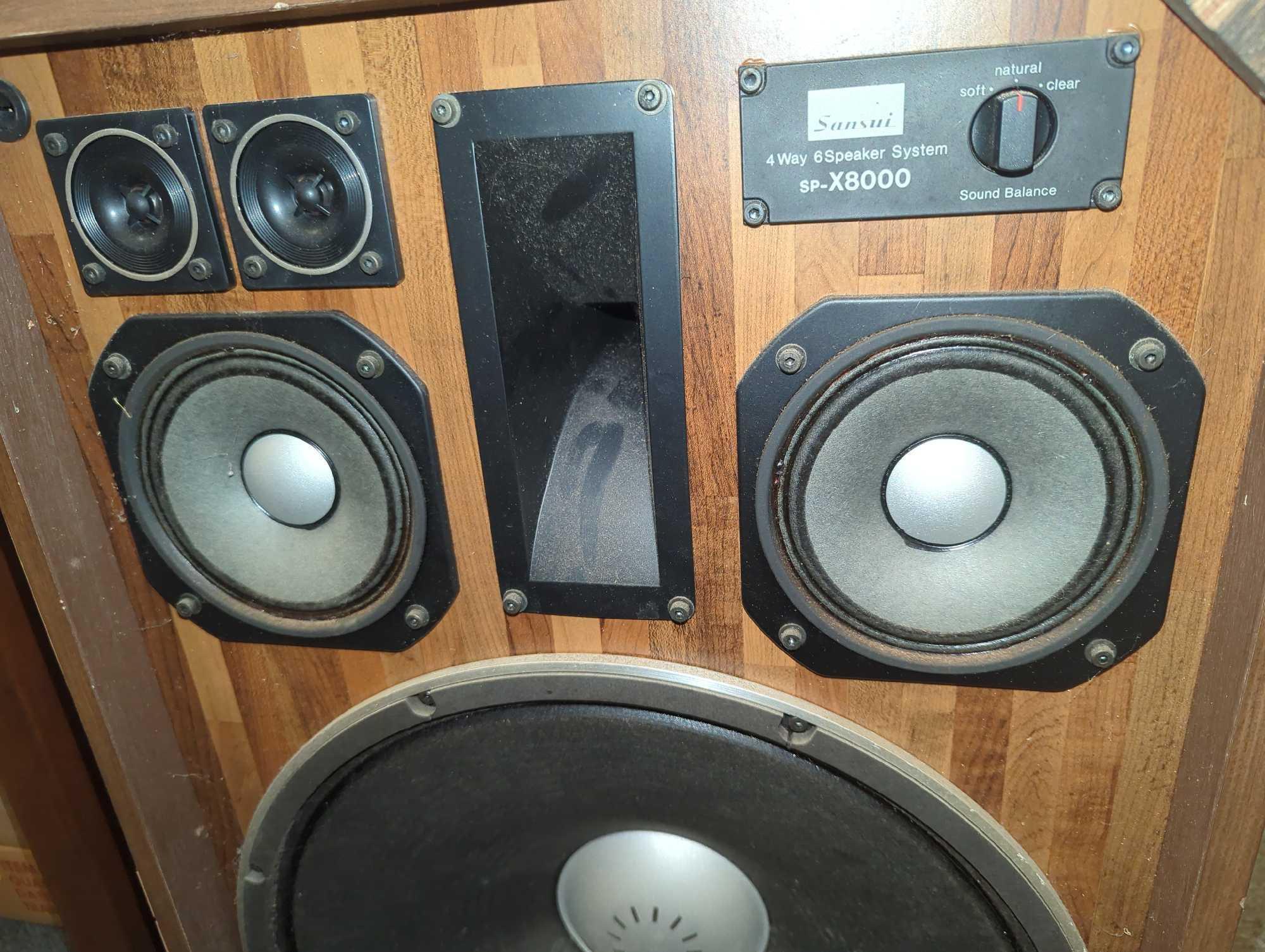 SANSUI 4 Way Speaker System, Model SP-X8000, Approximate Dimensions - 26.5" H x 18" W x 11" D,
