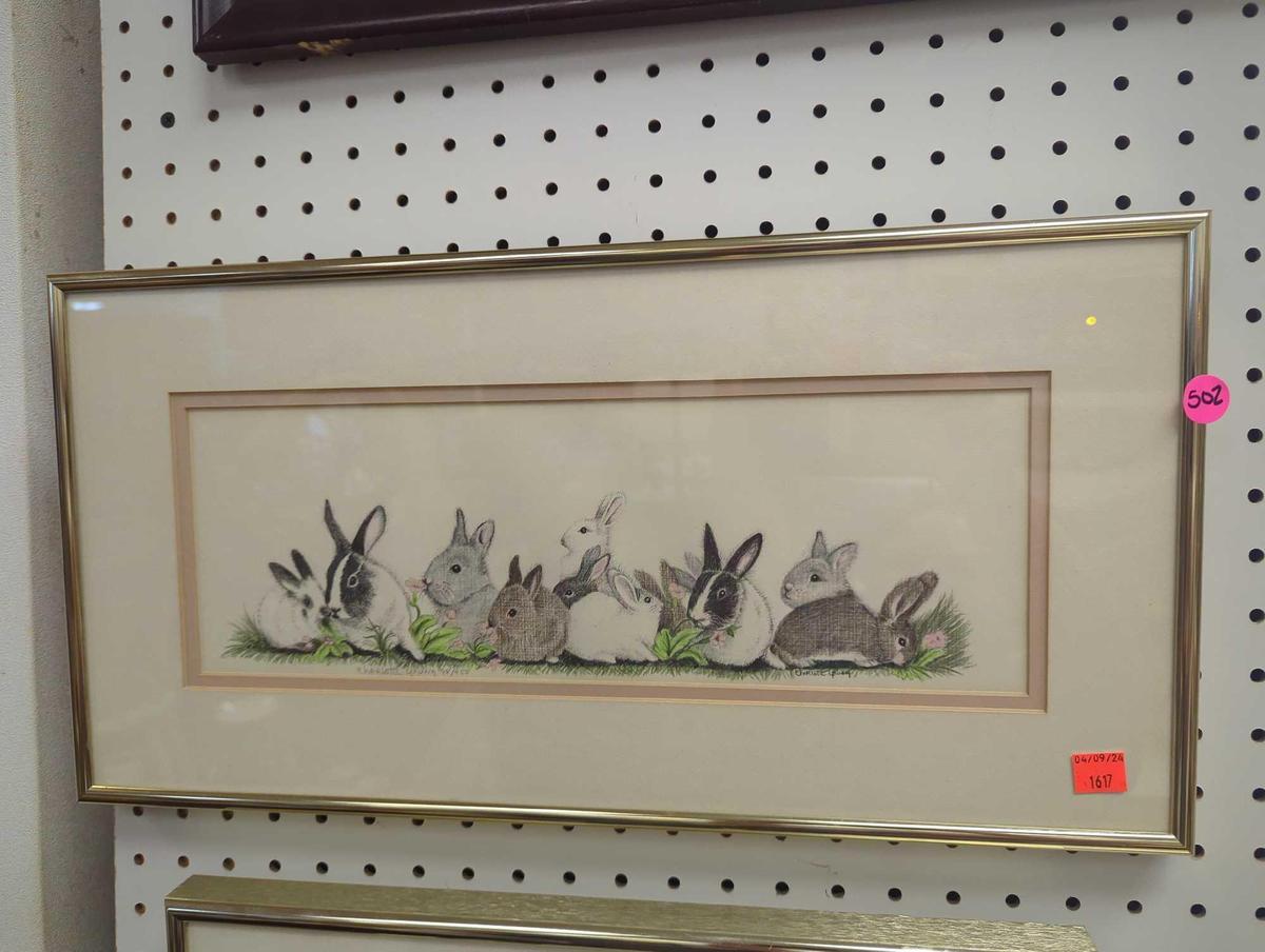 Framed Print of "Bunny Rabbits" by Charlotte Young, Approximate Dimensions - 20" x 10", Signed and