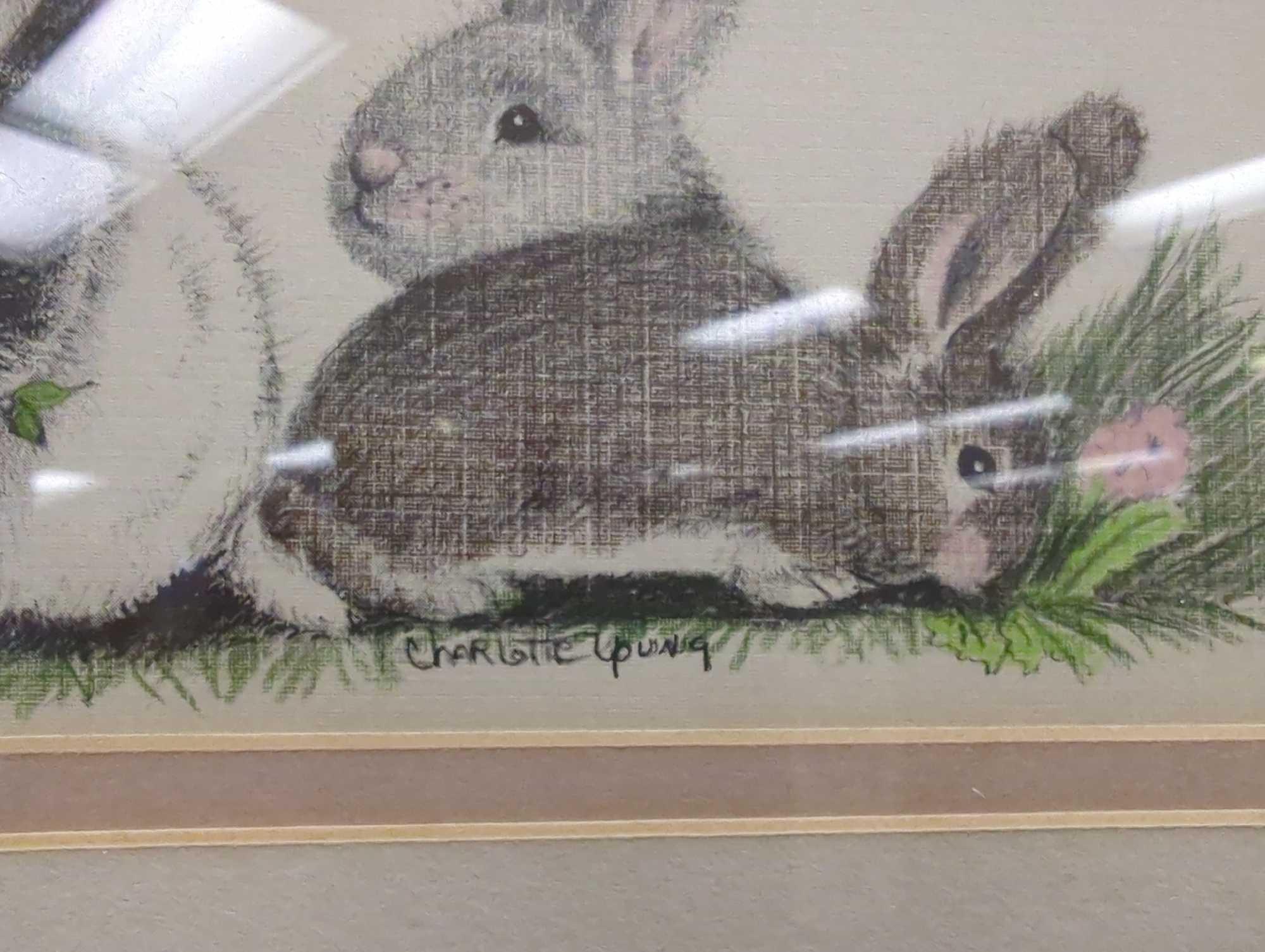 Framed Print of "Bunny Rabbits" by Charlotte Young, Approximate Dimensions - 20" x 10", Signed and