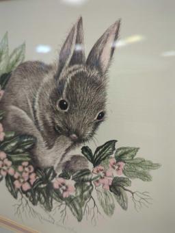 Framed Print of "Rabbit Nesting in Flowers" by Charlotte Young, Approximate Dimensions - 16" x 12",