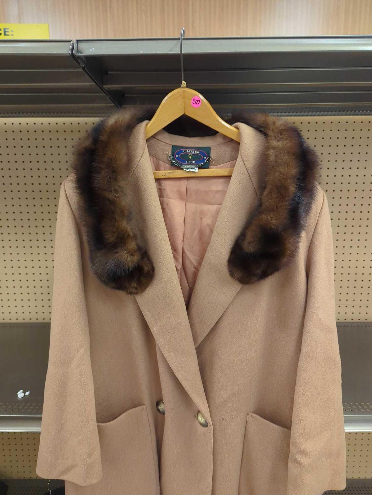 Charter Club Women's Size 14 Khaki Wool Long Over Coat With A Detachable Clip On Fur Collar, Unsure