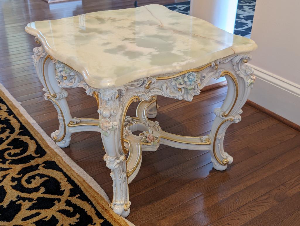 SILIK MARBLE TOP SIDE TABLE WITH CARVED FLORAL DETAILING.